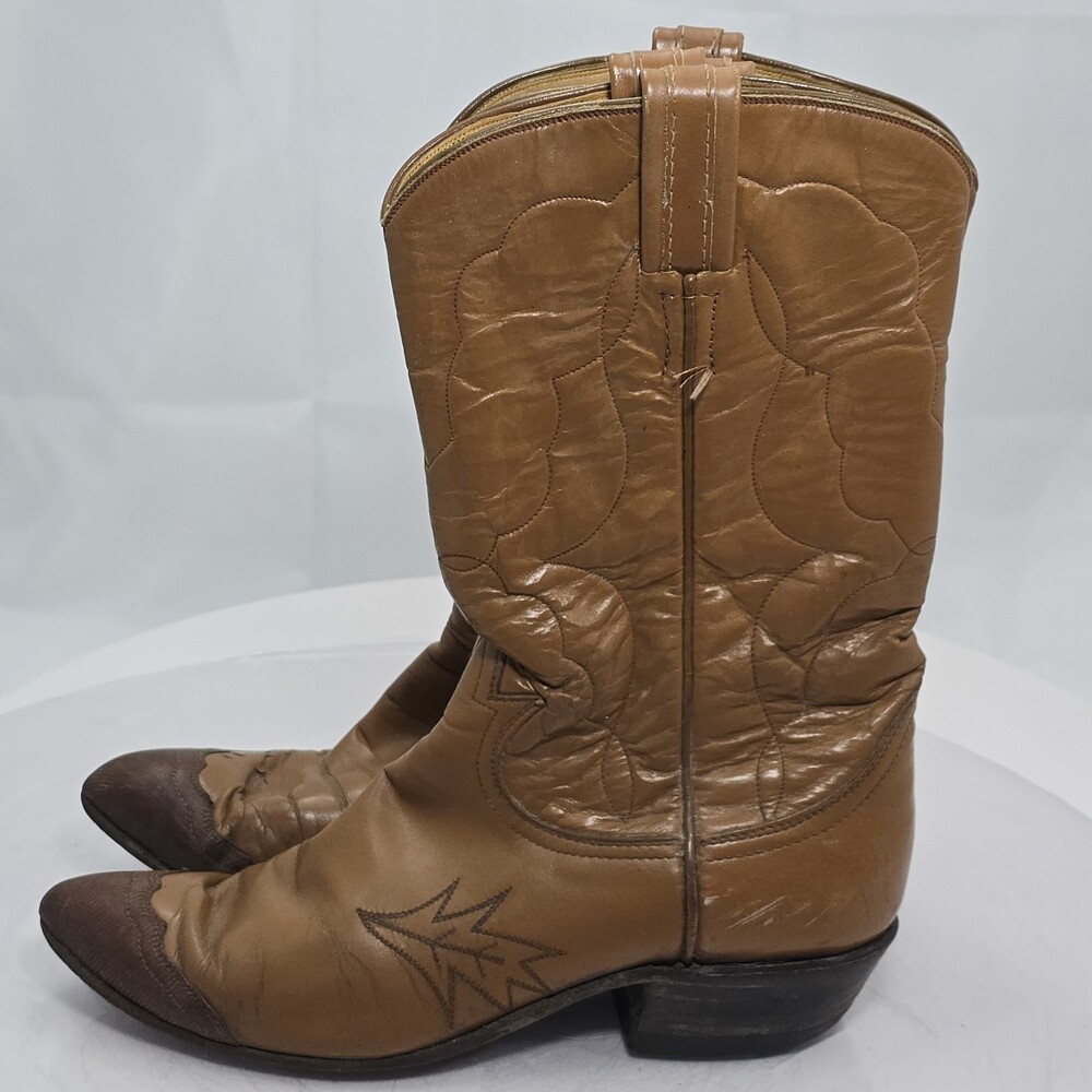Vintage 80s Tony Lama Black Label Women 7 B Tan Leather/Lizard Toe Cowboy Boots